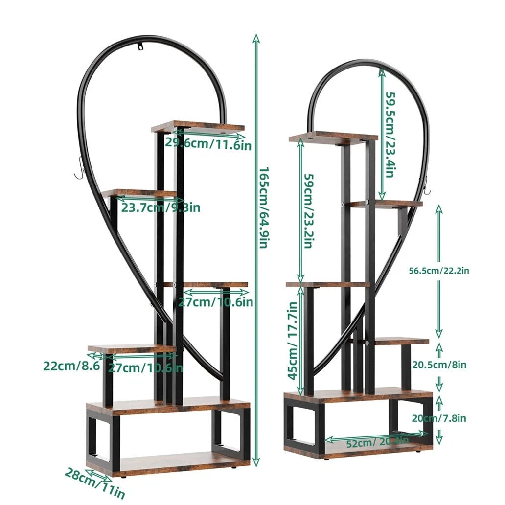 2-Pack 6-Tier Half-Heart Plant Stand – Indoor & Outdoor Metal and Wood Plant Display Rack with Side Hooks for Living Room, Garden, Balcony, Office