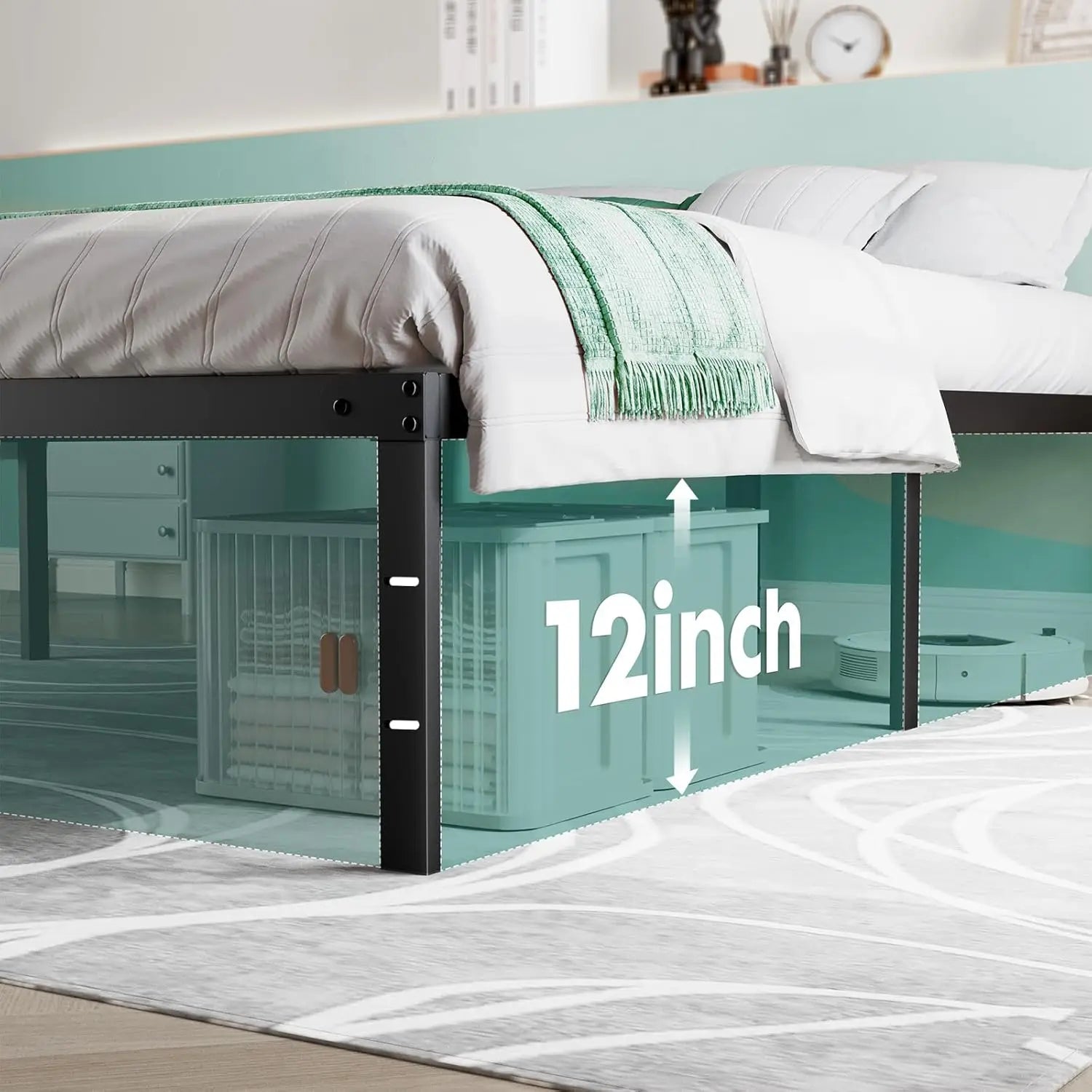 14 Inch High Full-size bed frame - Large heavy-duty metal platform beds frames w/storage space at the bottom, Full bed frame