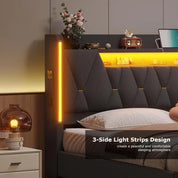 King Size Bed Frame with Marshmallow Headboard and Storage, Metal Bed Frame with LED Lights & Charging Station, Upholstered Plat