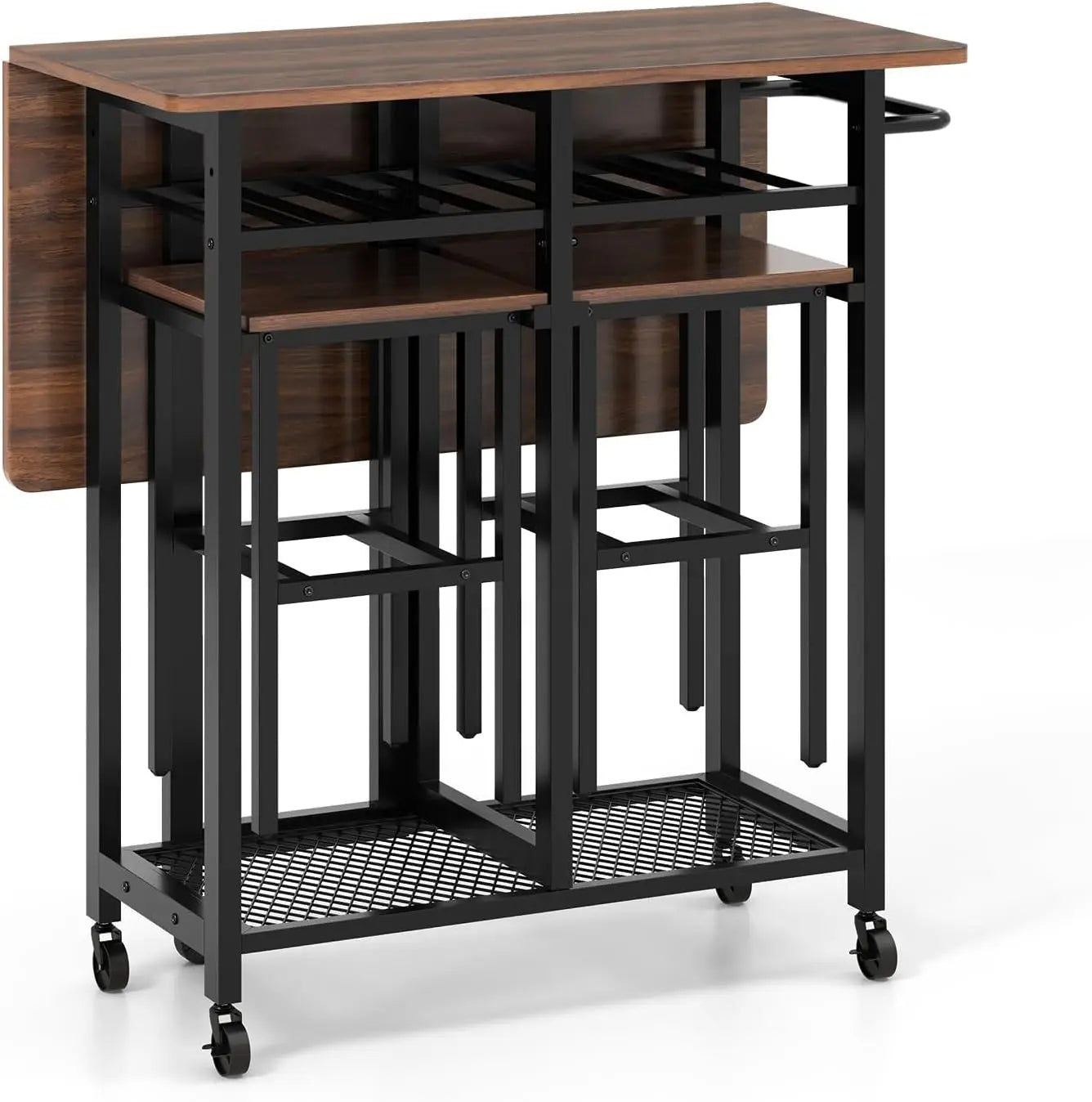 3-Piece Foldable Dining Table Set, Extendable Dining Table & 2 Stools Set w/ 6-Bottle Wine Rack, Side Pushing Handl
