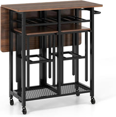 3-Piece Foldable Dining Table Set, Extendable Dining Table & 2 Stools Set w/ 6-Bottle Wine Rack, Side Pushing Handl