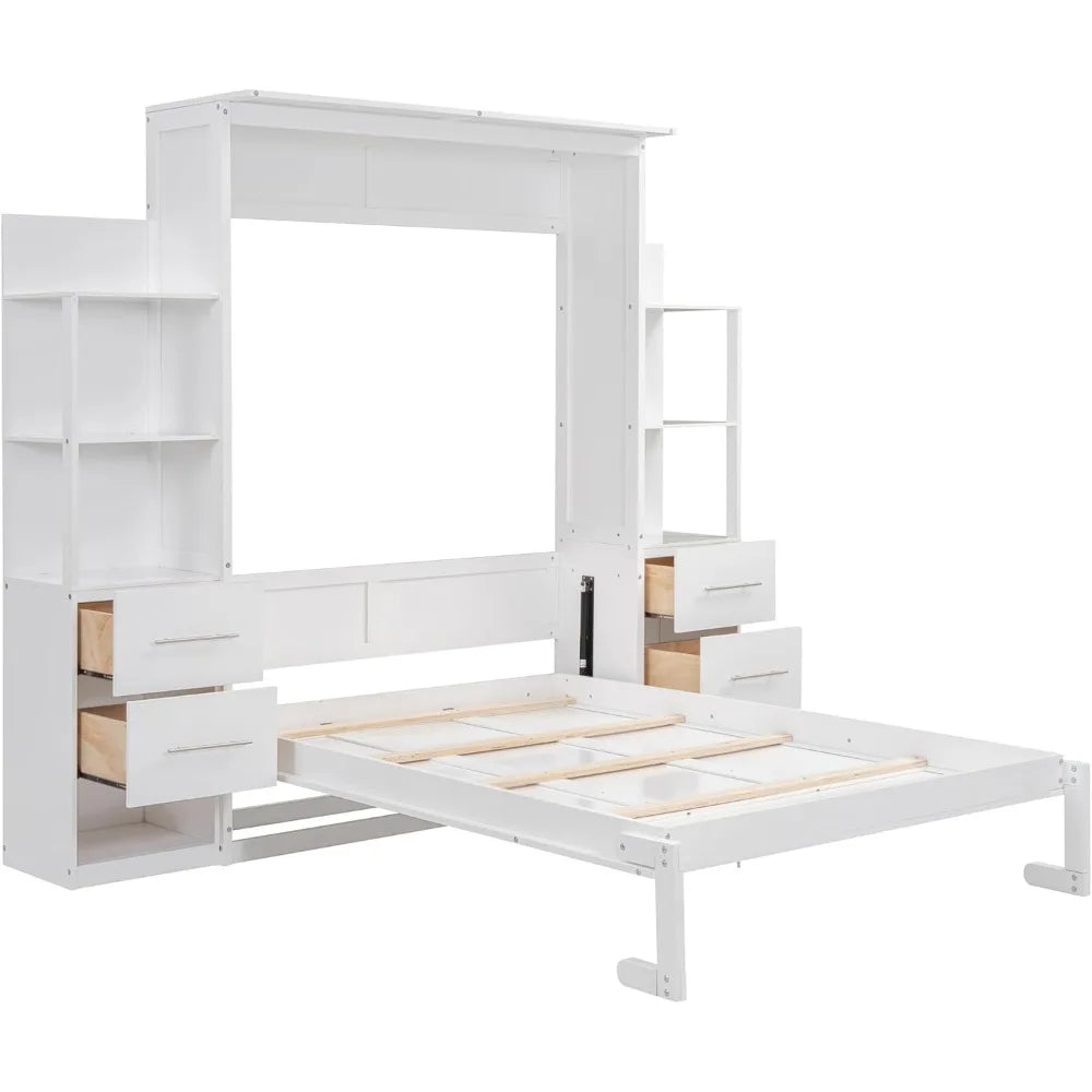 Full Murphy Bed with Storage Shelves, Drawers, LED Light, and Flexible Slats Support