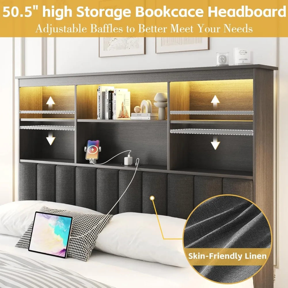 Multi-Functional Storage Bed with Bookcase Headboard, 4 Lockable Drawers, Built-In Charging Station, RGB LED Lights – Modern Platform Bed for Bedroom, USB & AC Outlets Included