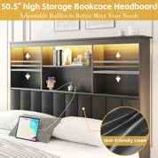 Multi-Functional Storage Bed with Bookcase Headboard, 4 Lockable Drawers, Built-In Charging Station, RGB LED Lights – Modern Platform Bed for Bedroom, USB & AC Outlets Included