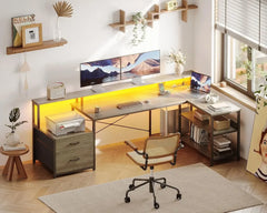 L Shaped Desk with File Drawer, 75" Reversible L Shaped Computer Desk with Power Outlet & LED Strip, Corner Desk, Grey Oak