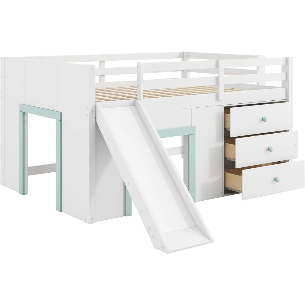Playful Design Full Size Low Loft Bed with Slide and 3 Storage Drawers, Multiple Functions Wooden Loft Bed Frame with 2 Doors fo