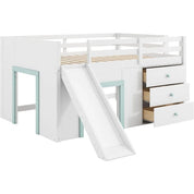 Playful Design Full Size Low Loft Bed with Slide and 3 Storage Drawers, Multiple Functions Wooden Loft Bed Frame with 2 Doors fo
