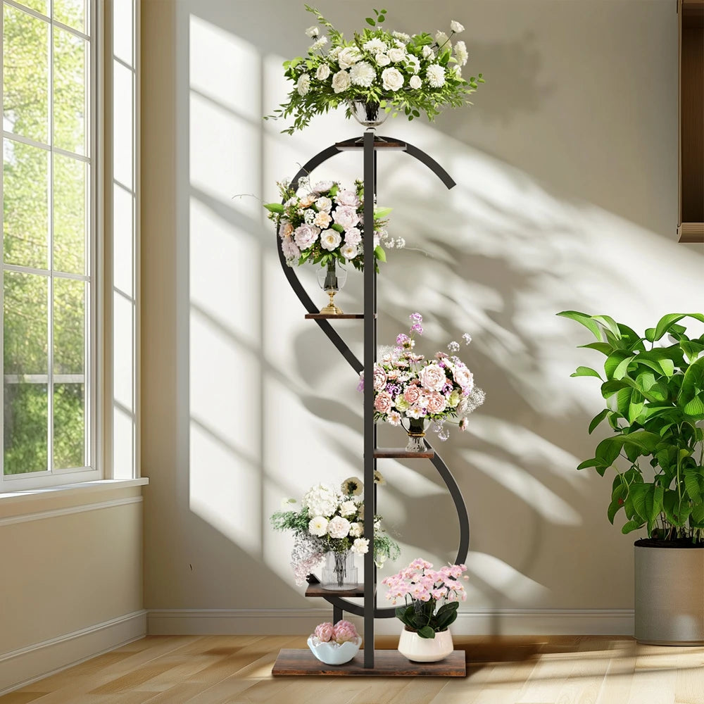 5-Tier S-Shaped Metal Plant Stand with MDF Shelves – Decorative Indoor & Outdoor Plant Display for Balcony, Living Room, Garden, Patio, or Porch