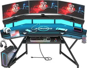 Gaming Desk with Power Outlet & LED Light, 72" Large Wing-Shaped Computer Desk w Monitor Stand & Keyboard Tray & Full-Size Mouse