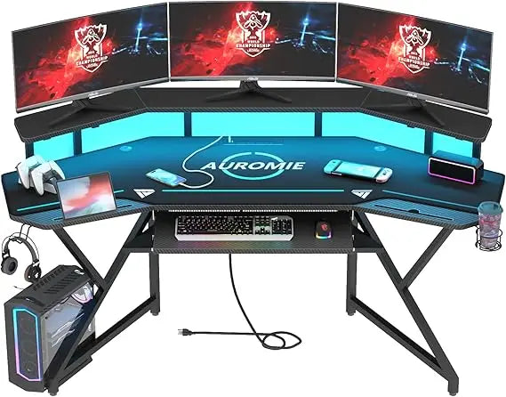 Gaming Desk with Power Outlet & LED Light, 72" Large Wing-Shaped Computer Desk w Monitor Stand & Keyboard Tray & Full-Size Mouse