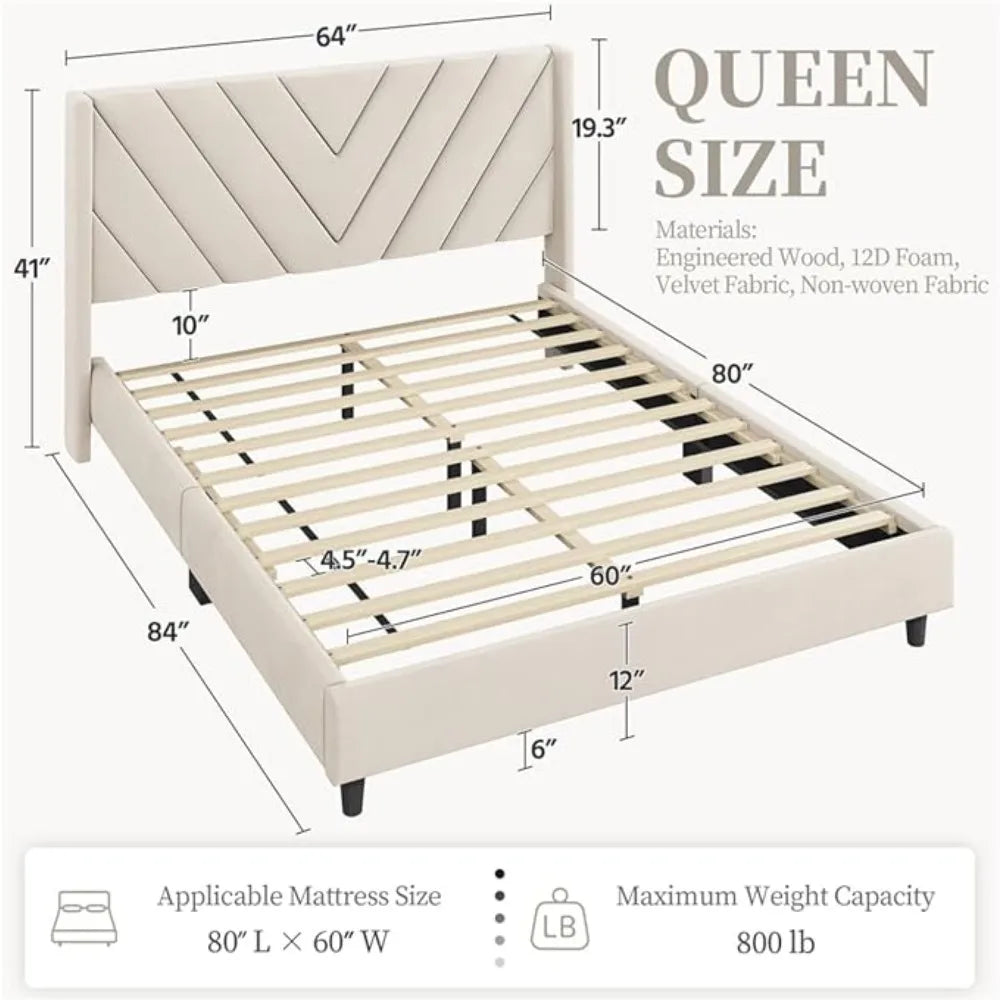 Bed Frame Upholstered Platform Bed w/Wing Side/Wooden Slat Support/Tufted Headboard w/Wing Side, No Box Spring Needed