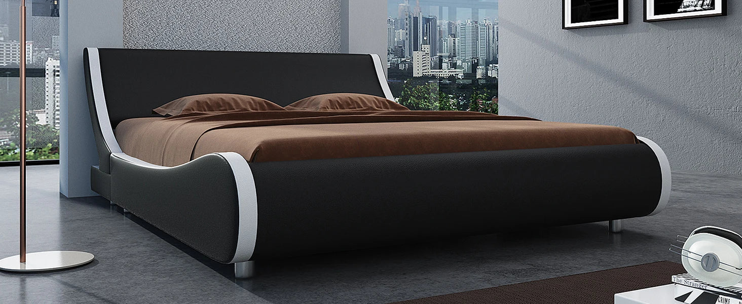 Bed Frame Full Size, Modern Low Profile Platform Stylish Faux Leather Upholstered Sleigh Bed with Adjustable Headboard,Bed Frame