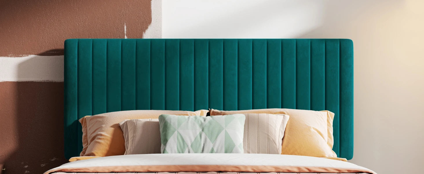 Upholstered Platform Bed Frame with Vertical Channel Tufted Velvet Fabric Adjustable Headboard