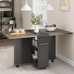 Space Saving Folding Dining Table with 2 Tier Storage-Extendable Drop Leaf Farmhouse Kitchen Dining Room Tables Set for 4