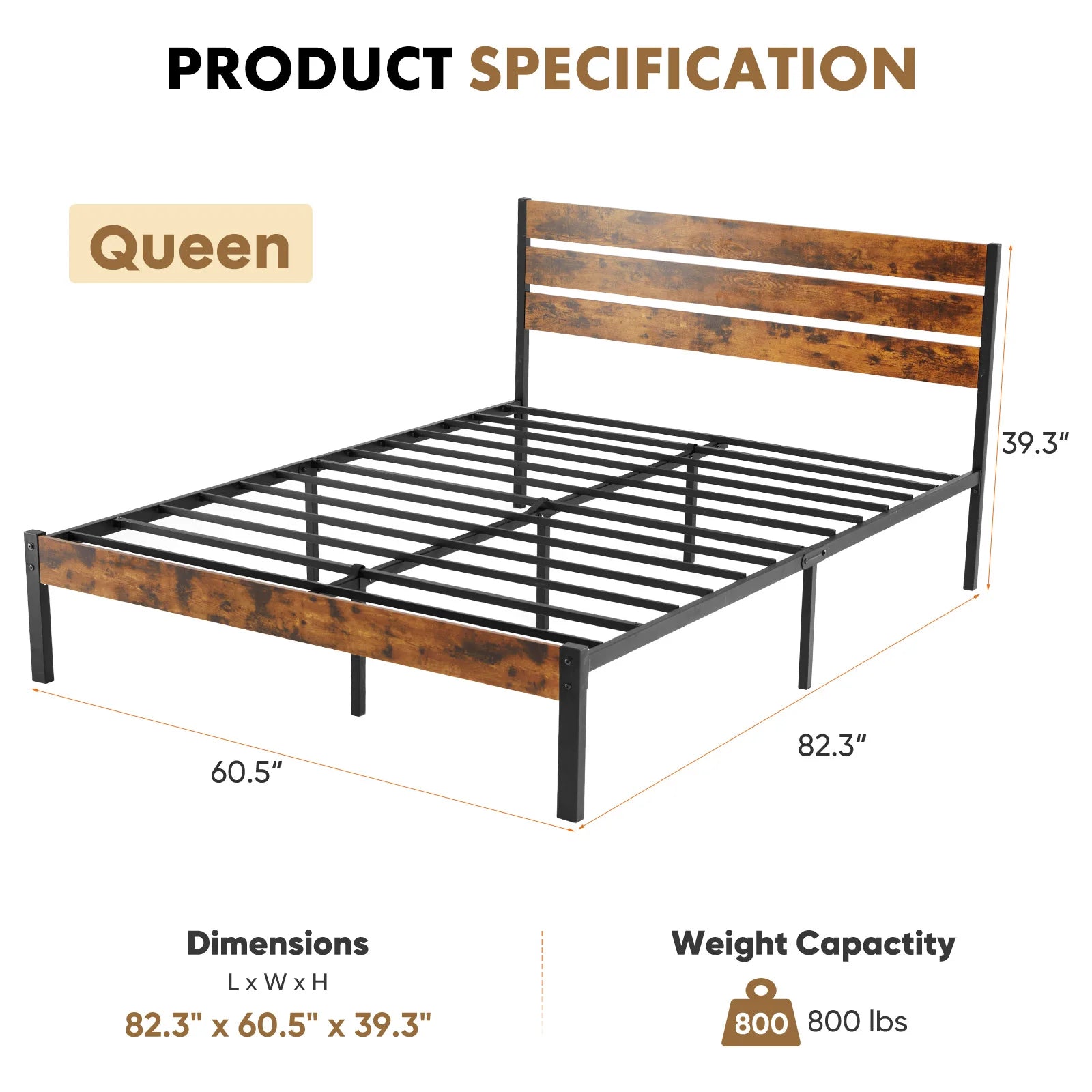 JHK Industrial Wood and Metal Bed Frame – Heavy-Duty Platform Bed with 12.8-Inch Under-Bed Storage, Rustic Headboard & Footboard, Noise-Reducing Slats, Fits Standard Mattress
