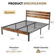 JHK Industrial Wood and Metal Bed Frame – Heavy-Duty Platform Bed with 12.8-Inch Under-Bed Storage, Rustic Headboard & Footboard, Noise-Reducing Slats, Fits Standard Mattress