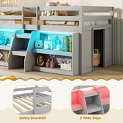 Kids Loft Bed with LED Light, Wooden Double Loft Bed with Stairs and Safety Guardrail, with Storage Bookcase