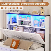 Twin Size Bed Frame with Bookcase Storage Headboard Charging Station & LED Lights Wooden Bed Frames Featuring 4 Drawers