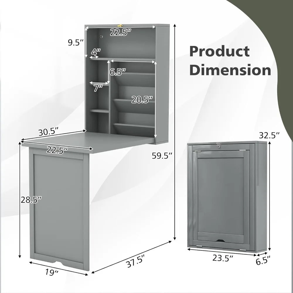 FurnishSpot Wall-Mounted Folding Desk with Storage | Space-Saving Floating Fold-Down Desk