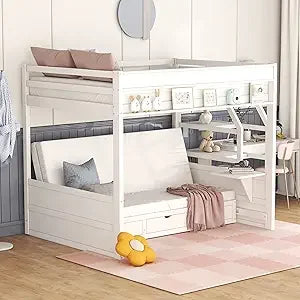Double Bunk Beds with Stairs, Built-in Small Shelf, and 3 Drawers