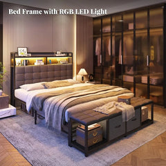 Full Size Bed Frame with Headboard and 60" W Bed End Stool, 2 Drawers & LED & Charging Port