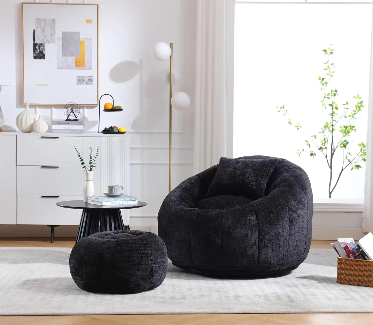 Modern Extra Large Round Bean Bag Chair with Footrest – Stylish Chenille Fabric, High-Density Memory Foam, Ultimate Comfort