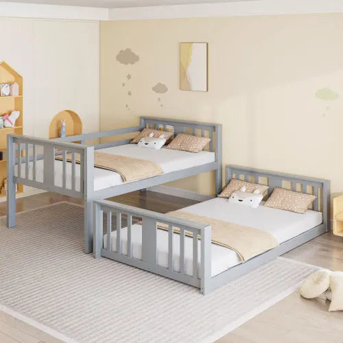 Twin Over Twin Bunk Bed with Slide and Ladder, Gray