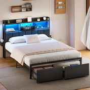 LED Queen Size Bed Frame with Storage Drawer and Charging Station