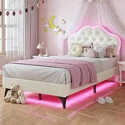 FurnishSpot Twin Size LED Upholstered Platform Bed for Girls, Adjustable Velvet Crystal Button Headboard with Storage Drawer