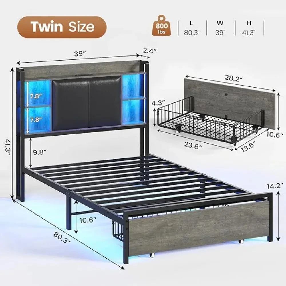 LED Twin Bed Frame w/Storage Drawers & Charging Station, Upholstered Bed Frame w/Headboard, No Box Spring Needed, Bed Frames