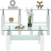 Black Glass Coffee Table Set of 3 Piece, Living Room Tables Set of 3 Pcs, Including 1 Coffee Table and 2 End Side Tables, Metal
