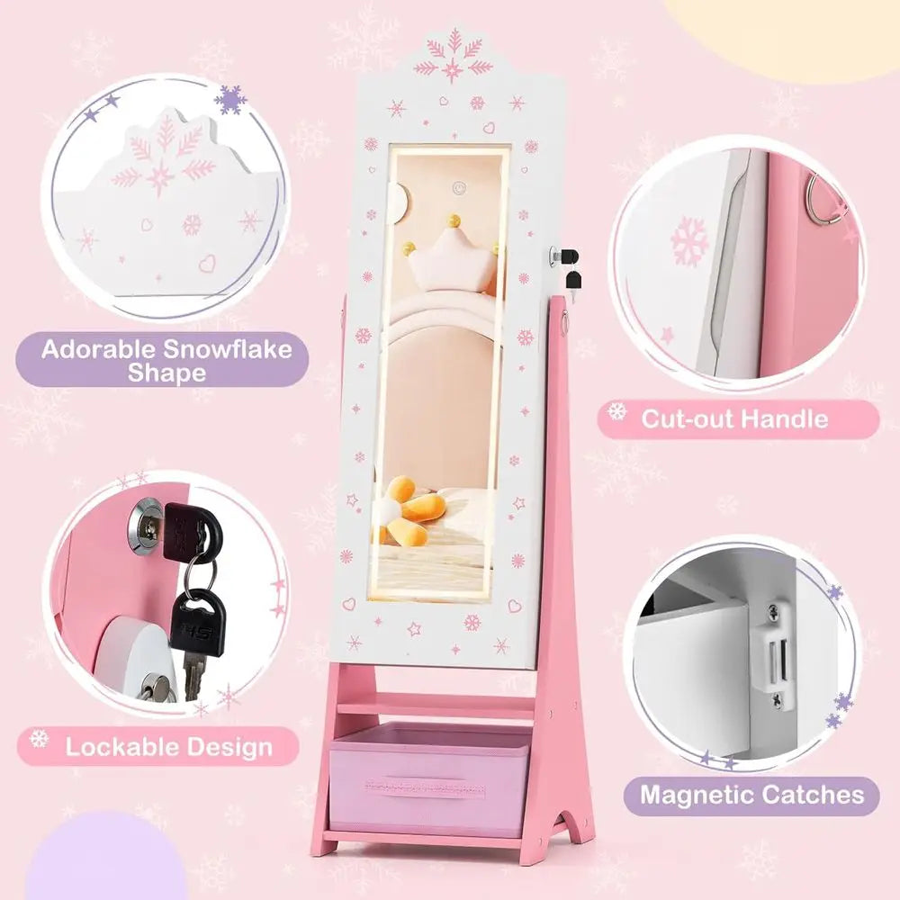 LED Lighted, Lockable Freestanding Kids Jewelry Armoire with Full-Length Mirror and Storage Drawers for Little Girls (White)