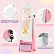 LED Lighted, Lockable Freestanding Kids Jewelry Armoire with Full-Length Mirror and Storage Drawers for Little Girls (White)