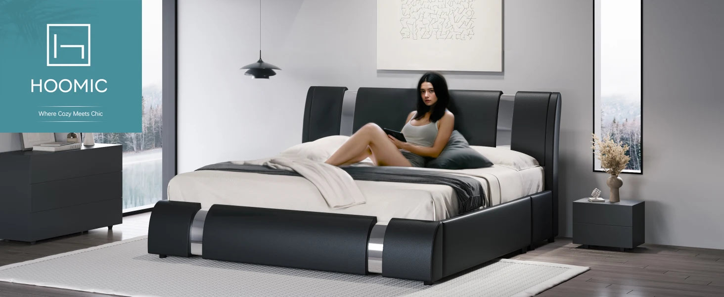 Modern Faux Leather Low Profile Platform Bed with Height-Adjustable Headboard
