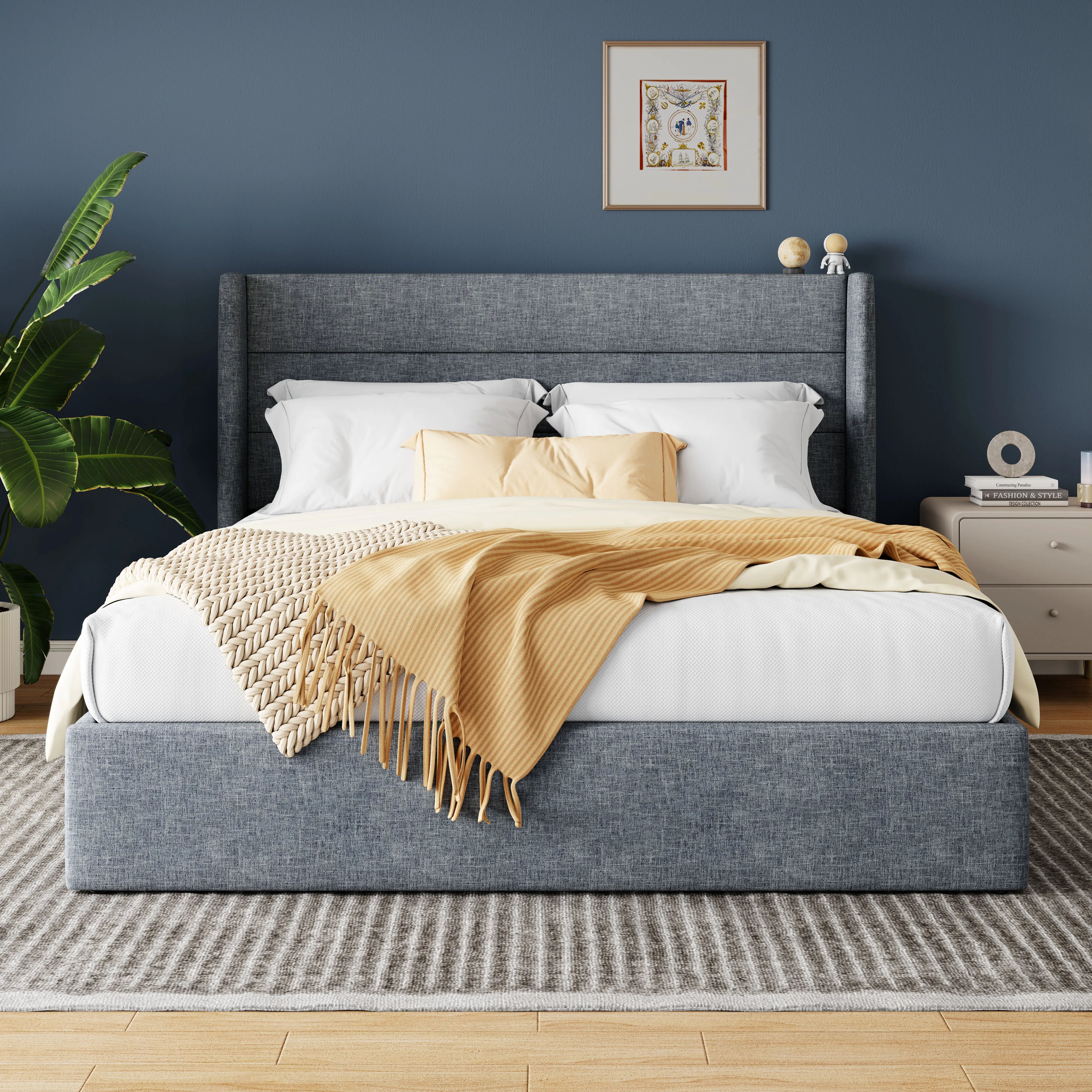 Lift Up Storage Bed with Wingback Headboard and Large Underneath Storage