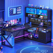 L Shaped Gaming Corner Desk with 2 Drawer and Bookshelf and LED Light