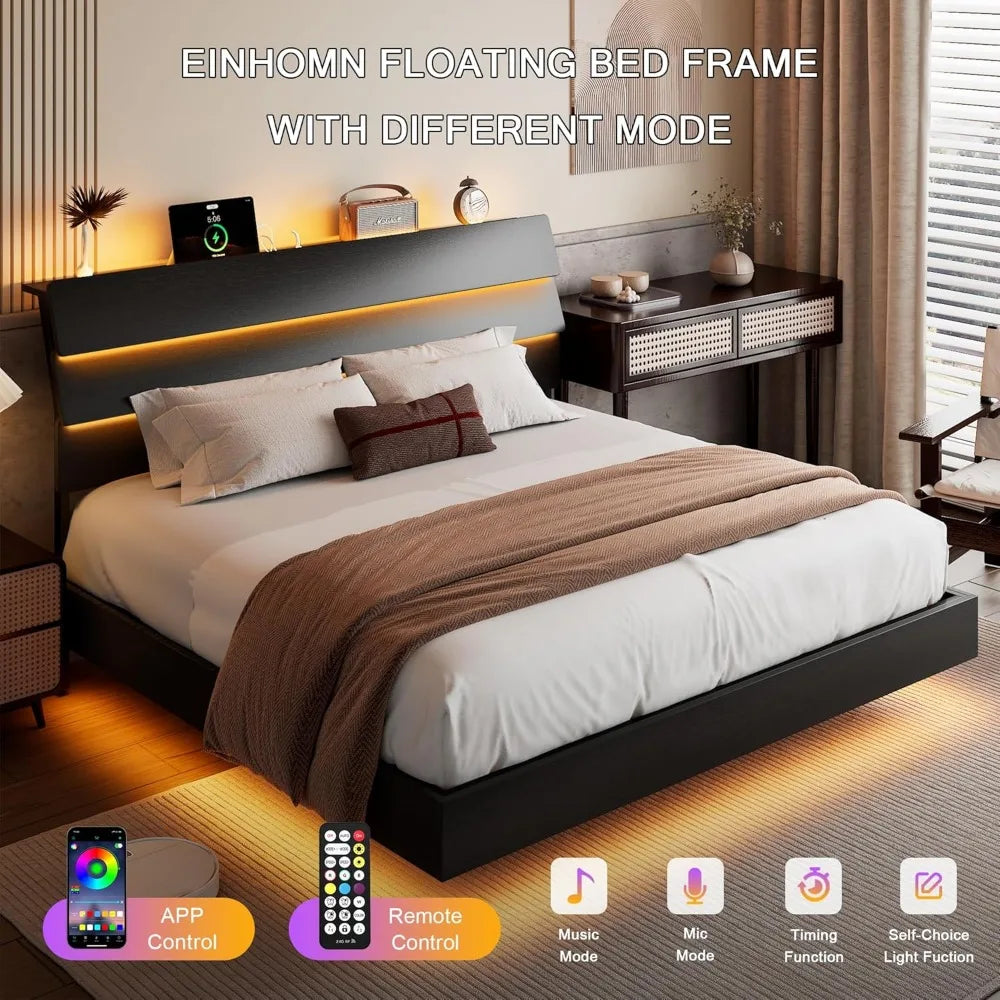 Floating Bed Frame King Size with Led Headboard and Charging Station, Metal Platform Bed Base with Storage, Remote Control, Heav