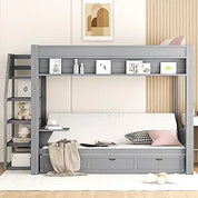 Full Over Full Bunk Bed with Twin Size Trundle and Stairs, and Storage Drawers
