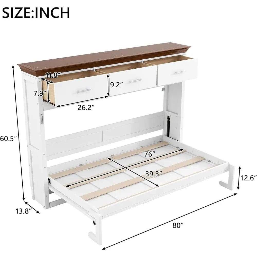 FurnishSpot™ Twin Size Horizontal Murphy Bed with Storage Drawers – Walnut Finish Foldable Wall Bed