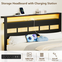 Satifur Full/Queen Size Bed Frame with LED Light and Charging Station, Wood Storage Headboard with 2-Tier Shelves,Metal Platform