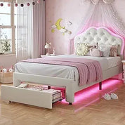 FurnishSpot Twin Size LED Upholstered Platform Bed for Girls, Adjustable Velvet Crystal Button Headboard with Storage Drawer