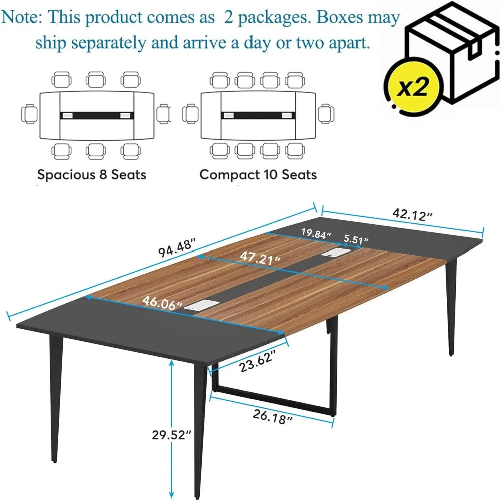 8FT Conference Table, 94.48L x 47.24W x 29.52H Inches Boat Shaped Meeting Table with Rectangle Grommet, Modern Seminar Boardroo