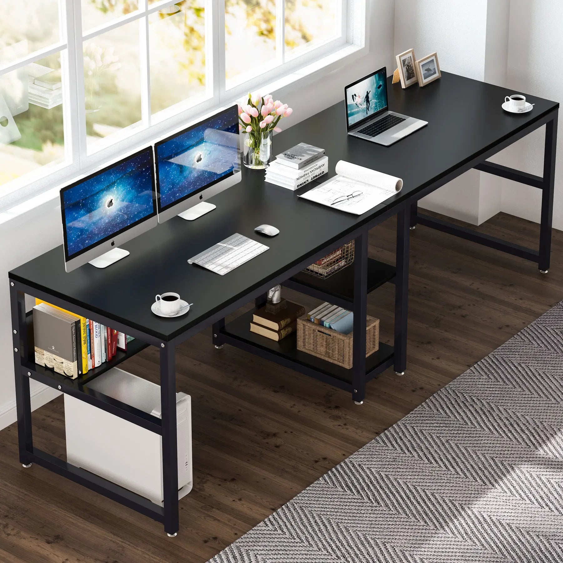 Tribesigns Two Person Desk with Bookshelf, 78.7 Computer Office Double Desk for Two Person, Rustic Writing Desk Workstation