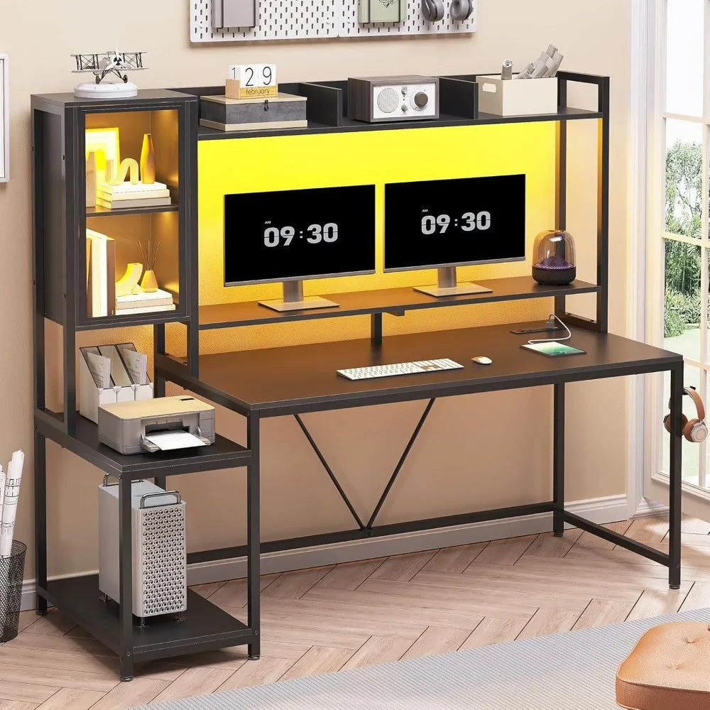 Gaming Desk, 60'' Gaming Desk with Hutch and LED Lights, Computer Desk with Storage Shelves, Large PC Gamer Desk with Display C