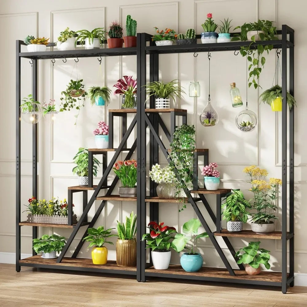 70.9" Tall Indoor Plant Stand, 7-Tier Large Plant Shelf with 5 S-Hooks, Industrial Wood Flower Stand Display Rack For