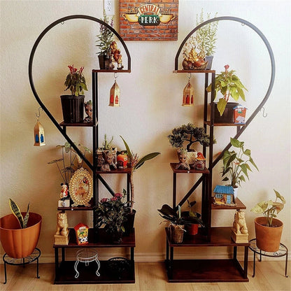 2-Pack 6-Tier Half-Heart Plant Stand – Indoor & Outdoor Metal and Wood Plant Display Rack with Side Hooks for Living Room, Garden, Balcony, Office