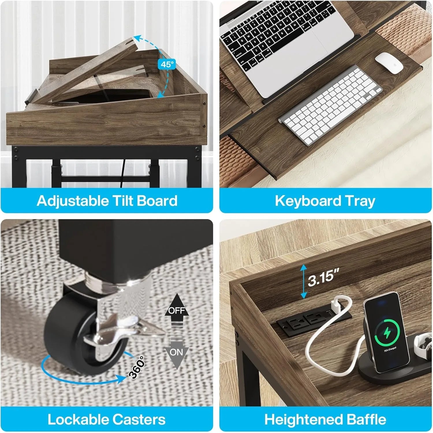 Height Adjustable Overbed Table with Wheels for Queen Size Bed