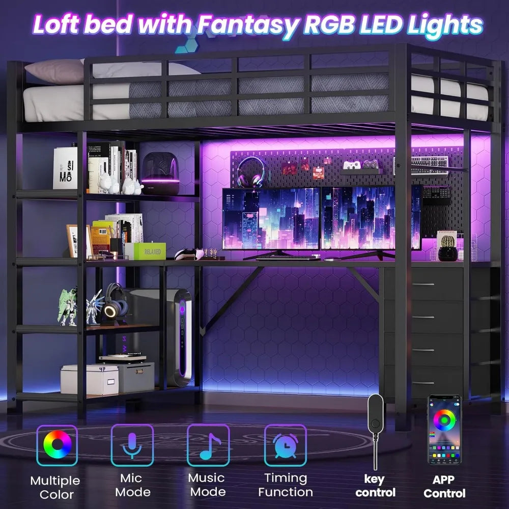 Loft Bed Twin Size with L Shape Desk,4 Drawers,3-Tier Storage Shelves Metal Loft Bed Frame with Power Outlet and LED Lighted,No