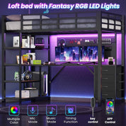 Loft Bed Twin Size with L Shape Desk,4 Drawers,3-Tier Storage Shelves Metal Loft Bed Frame with Power Outlet and LED Lighted,No