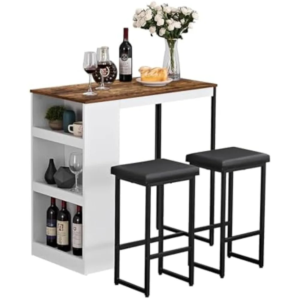 3 Piece Dining Table Set Kitchen Bar Table with Two Stool Storage Shelves Counter Height Table Top Dining Room Home